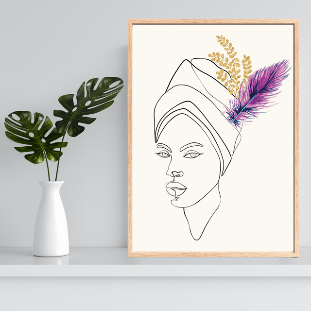 Impression d'Art en Ligne avec Plume Violette et Tiges Florales Dorées / Elegant Femme: Line Art Print with Purple Feather and Gold Floral Accents