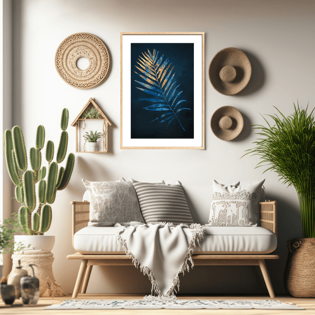 Impression Feuille de Palmier Dorée & Bleue - Décoration Murale Tropicale / Golden & Blue Palm Leaf Art Print - Tropical Wall Decor