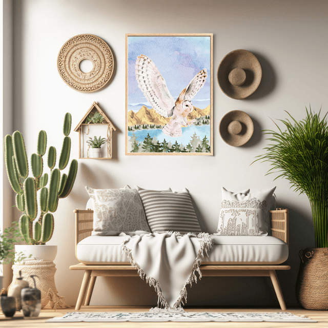 Impression d'Art Chouette Harfang en Vol dans la Forêt / Snowy Owl Flying Through Forest Art Print – Majestic Winter Sky Decor ( Serie 2 )