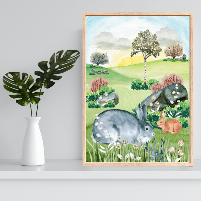 Impression Lapins Jouant dans un Magnifique Champ - Décoration Murale Champêtre / "Bunnies Playing in a Beautiful Field Print - Rustic Wall Decor