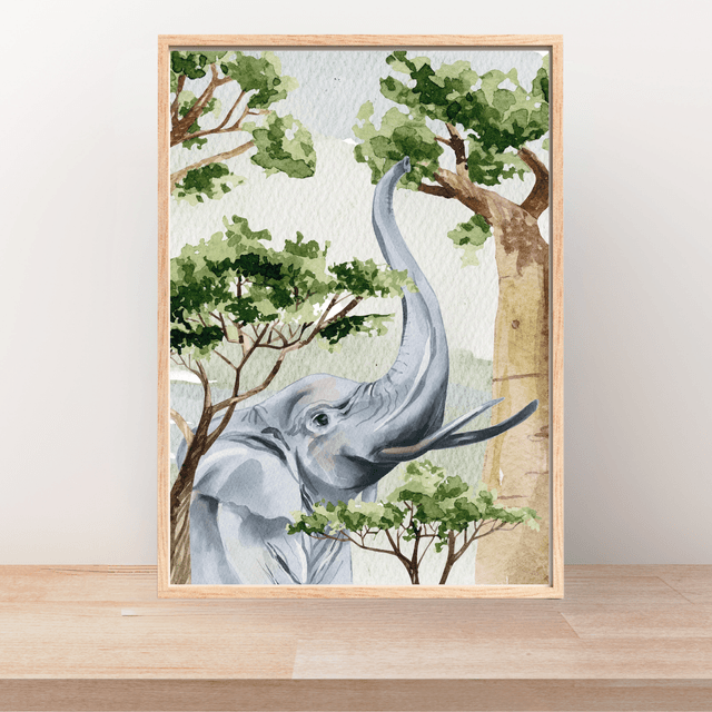 Impression d'Éléphant Attrapant une Branche dans la Savane - Décoration Sauvage / Elephant Reaching for a Branch Art Print - Savannah Wildlife Decor