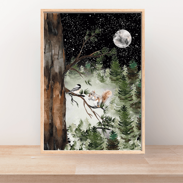 Harmonie : Rencontre d'un Écureuil et d'un Oiseau sous la Lumière de la Lune / Harmony: Squirrel and Bird Meeting under Moonlight Print