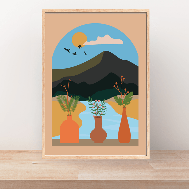 Impression d'Art Paysage Bohème de Rivière Vue de Fenêtre / Window View Boho River Landscape Art Print – Tranquil Nature Decor 