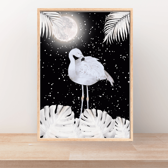 Impression de Flamant Blanc sous Pleine Lune dans un Nuit Étoilée -Art Élégant / White Flamingo Under a Full Moon in a Starry Night Print -Elegant Art