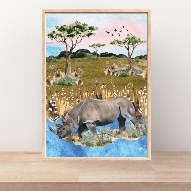 Impression de Rhinocéros au Bord de la Rivière - Décoration Murale Sauvage / Rhinoceros by the River Print - Wild Wall Decor