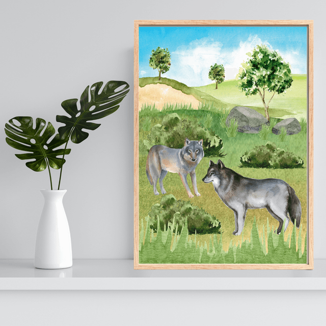 Impression de Loups Gris Jouant dans les Collines - Décoration Murale Nature / Playful Gray Wolves in the Hills Print - Nature Wall Decor