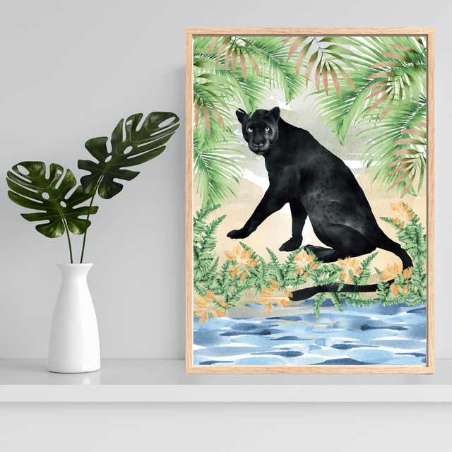 Impression de Panthère Noire au Bord de la Rivière - Décoration Murale Sauvage / Black Panther by the River Print - Wild Wall Decor