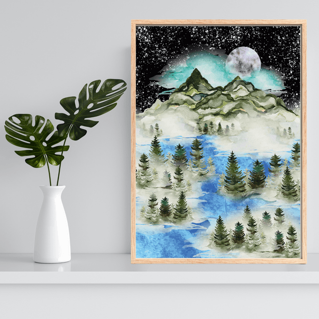 Harmonie : Montagne Pleine Lune Nuit Étoilée / Harmony: Mountain Full Moon Starry Night Print 