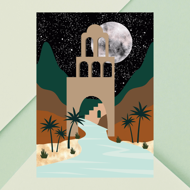Impression d'Art Oasis du Désert au Clair de Lune – Décoration Murale Nocturne  / Moonlit Desert Oasis Art Print – Nighttime Scenic Wall Decor 