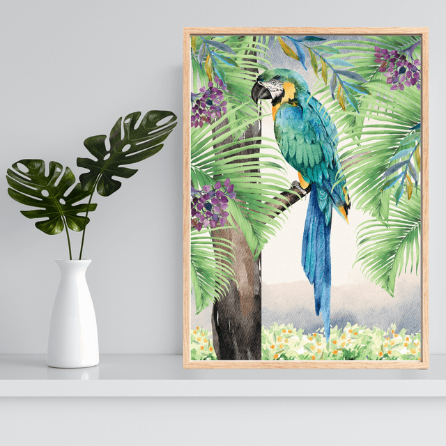 Impression d'Ara Bleu Perché sur un Arbre dans la Forêt Tropicale - Art Exotique / Blue Macaw Perched on  Tree in Tropical Forest Print - Exotic Art