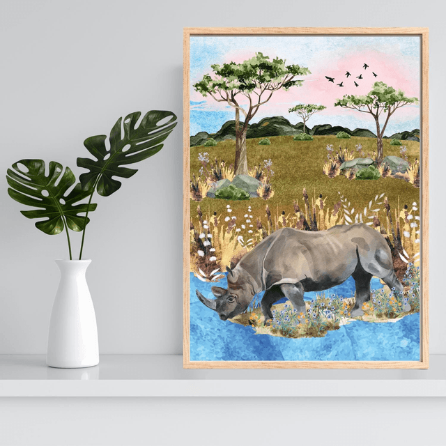 Impression de Rhinocéros au Bord de la Rivière - Décoration Murale Sauvage / Rhinoceros by the River Print - Wild Wall Decor