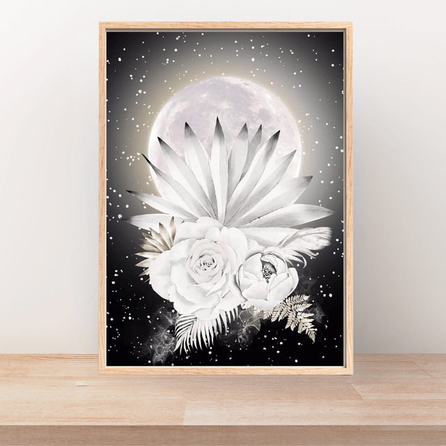 Impression de Bouquet de Fleurs Blanches Botaniques sous Pleine Lune - Art Floral / Botanical White Flower Bouquet Under Full Moon Print - Floral Art 