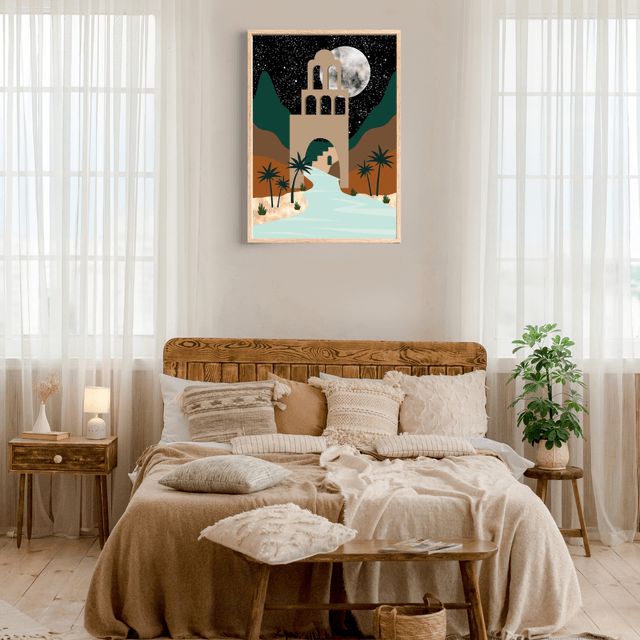 Impression d'Art Oasis du Désert au Clair de Lune – Décoration Murale Nocturne  / Moonlit Desert Oasis Art Print – Nighttime Scenic Wall Decor 