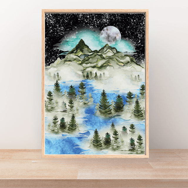 Harmonie : Montagne Pleine Lune Nuit Étoilée / Harmony: Mountain Full Moon Starry Night Print 