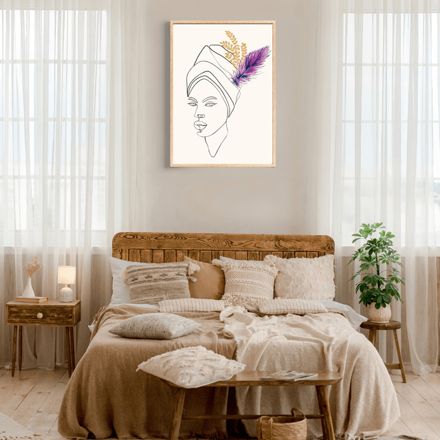Impression d'Art en Ligne avec Plume Violette et Tiges Florales Dorées / Elegant Femme: Line Art Print with Purple Feather and Gold Floral Accents