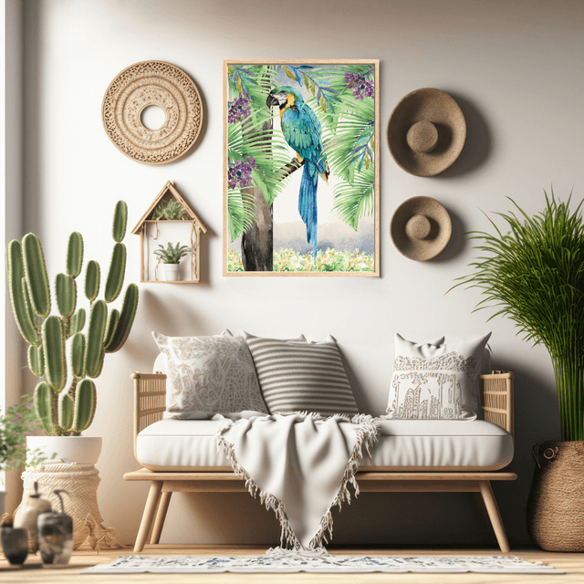 Impression d'Ara Bleu Perché sur un Arbre dans la Forêt Tropicale - Art Exotique / Blue Macaw Perched on  Tree in Tropical Forest Print - Exotic Art