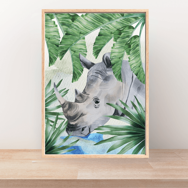 Impression de Rhinocéros Buveur dans un Ruisseau - Décoration Murale Sauvage / Rhino Drinking in a Stream Art Print - Wild Wall Decor