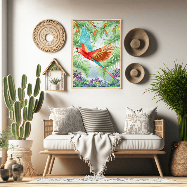 Impression d'Ara Rouge Volant à Travers la Forêt Tropicale - Art Exotique / Scarlet Macaw Flying Through Tropical Forest Print - Exotic Bird Art 
