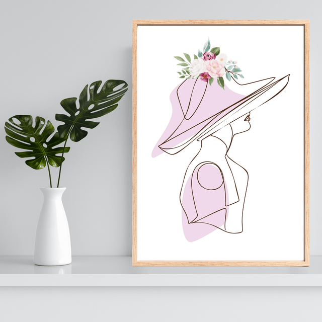  Élégant Art Linéaire Rose Pastel - Dame au Chapeau - Art Mural Moderne / Elegant Pastel Pink Line Art - Lady in Hat - Modern Wall Art 