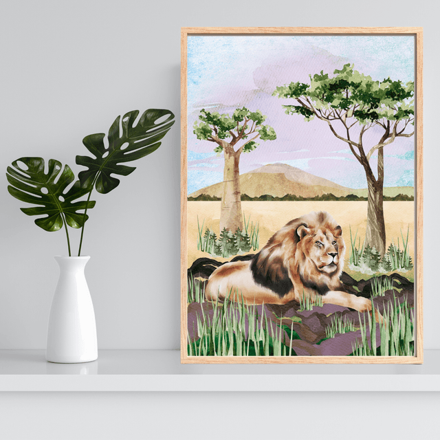 Impression de Lion Reposant dans la Savane - Décoration Murale Sauvage / Savannah Lion Print - Wild Wall Decor