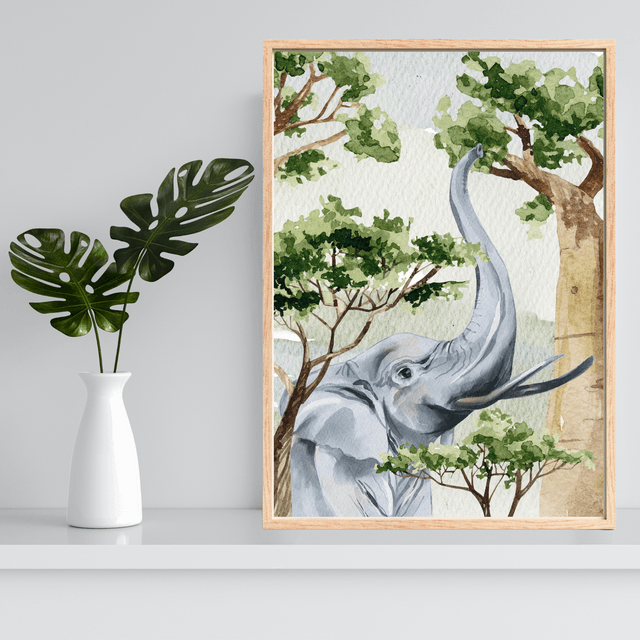 Impression d'Éléphant Attrapant une Branche dans la Savane - Décoration Sauvage / Elephant Reaching for a Branch Art Print - Savannah Wildlife Decor