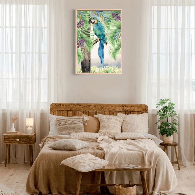 Impression d'Ara Bleu Perché sur un Arbre dans la Forêt Tropicale - Art Exotique / Blue Macaw Perched on  Tree in Tropical Forest Print - Exotic Art