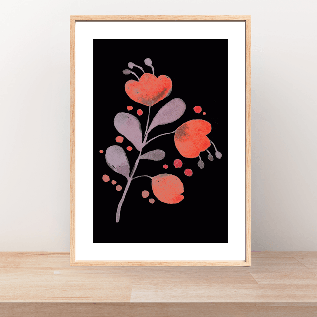 Impression Fleurs Aquarelle Rouge sur Fond Noir - Décoration Murale Botanique / Red Watercolor Flowers on Black Background - Botanical Wall Decor
