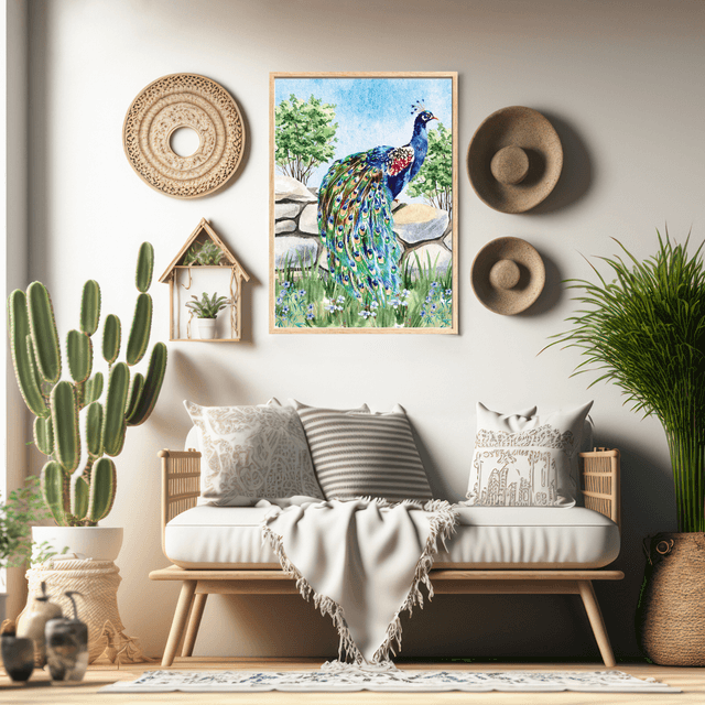 Impression de Paon Debout sur un Mur de Pierre - Décoration Murale Élégante / Peacock Standing on a Stone Wall Print - Elegant Wall Decor