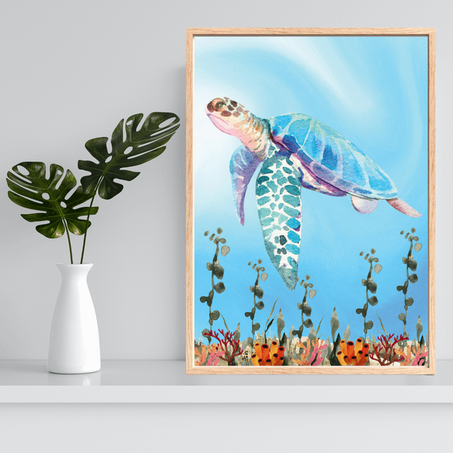 Impression de Tortue de Mer dans le Récif Corallien - Décoration Murale Marine / Sea Turtle in Coral Reef Art Print - Marine Wall Decor