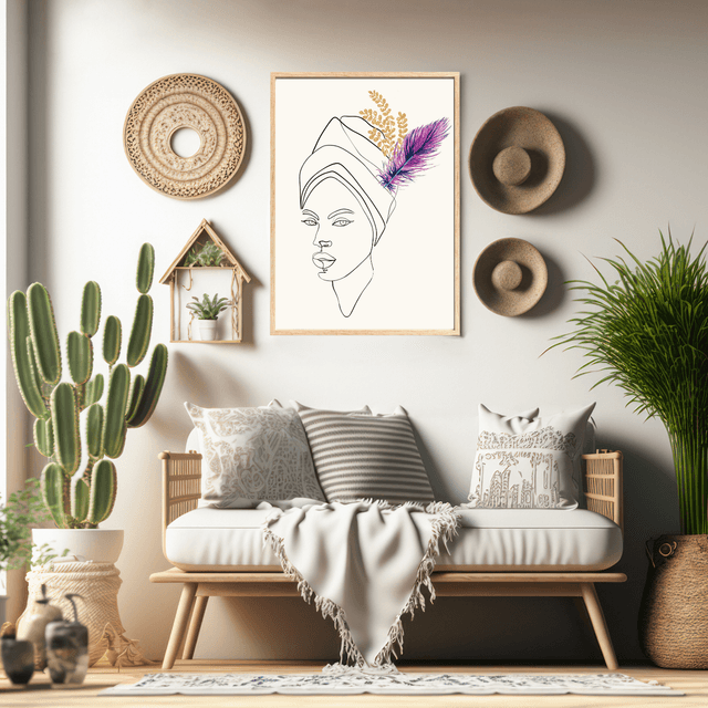 Impression d'Art en Ligne avec Plume Violette et Tiges Florales Dorées / Elegant Femme: Line Art Print with Purple Feather and Gold Floral Accents