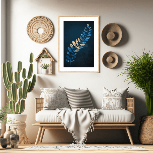 Impression Feuille Tropicale Dorée & Bleue - Décoration Murale Exotique / Golden & Blue Tropical Leaf Art Print - Exotic Wall Decor