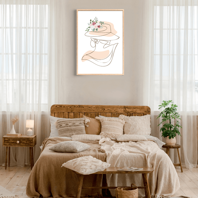 Élégant Art Linéaire Beige - Dame au Chapeau Floral - Art Mural Moderne / Elegant Beige Line Art - Floral Hat Lady - Modern Wall Art  