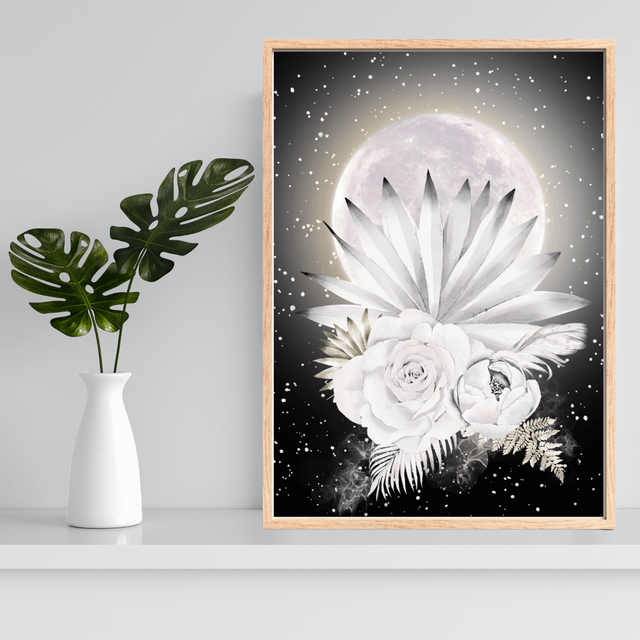 Impression de Bouquet de Fleurs Blanches Botaniques sous Pleine Lune - Art Floral / Botanical White Flower Bouquet Under Full Moon Print - Floral Art 