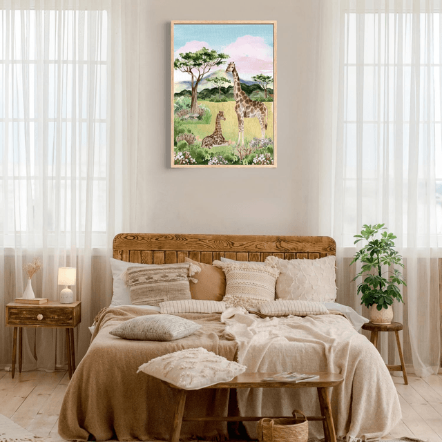 Impression Girafe Reposant dans une Savane Fleurie - Décoration Murale Nature / Giraffe Resting in a Flowered Savanna Print - Nature Wall Decor
