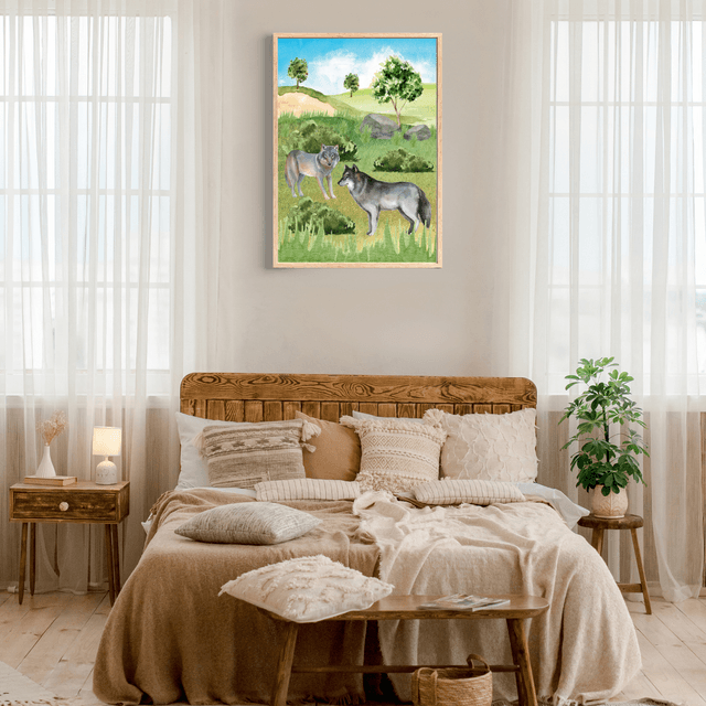 Impression de Loups Gris Jouant dans les Collines - Décoration Murale Nature / Playful Gray Wolves in the Hills Print - Nature Wall Decor