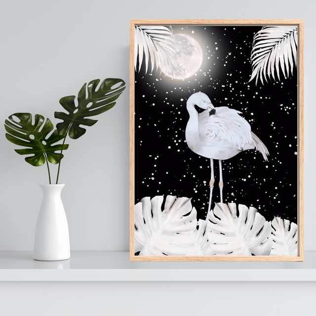 Impression de Flamant Blanc sous Pleine Lune dans un Nuit Étoilée -Art Élégant / White Flamingo Under a Full Moon in a Starry Night Print -Elegant Art