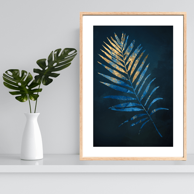 Impression Feuille de Palmier Dorée & Bleue - Décoration Murale Tropicale / Golden & Blue Palm Leaf Art Print - Tropical Wall Decor