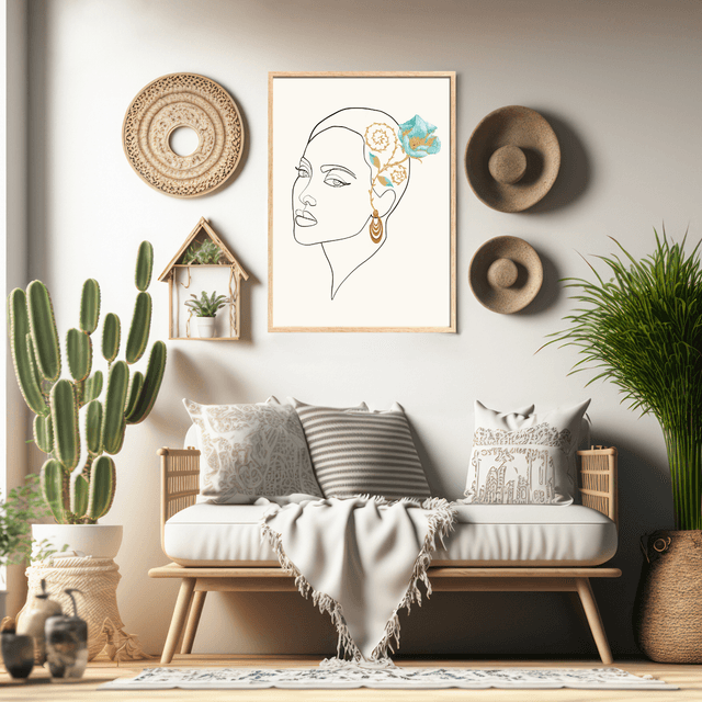  Impression d'Art en Ligne avec Boucle d'Oreille en Or et Rose Bleue / Graceful Muse: Line Art Print with Gold Earring and Blue Rose Adornment
