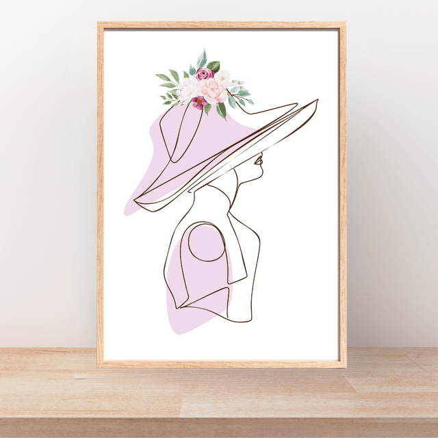  Élégant Art Linéaire Rose Pastel - Dame au Chapeau - Art Mural Moderne / Elegant Pastel Pink Line Art - Lady in Hat - Modern Wall Art 
