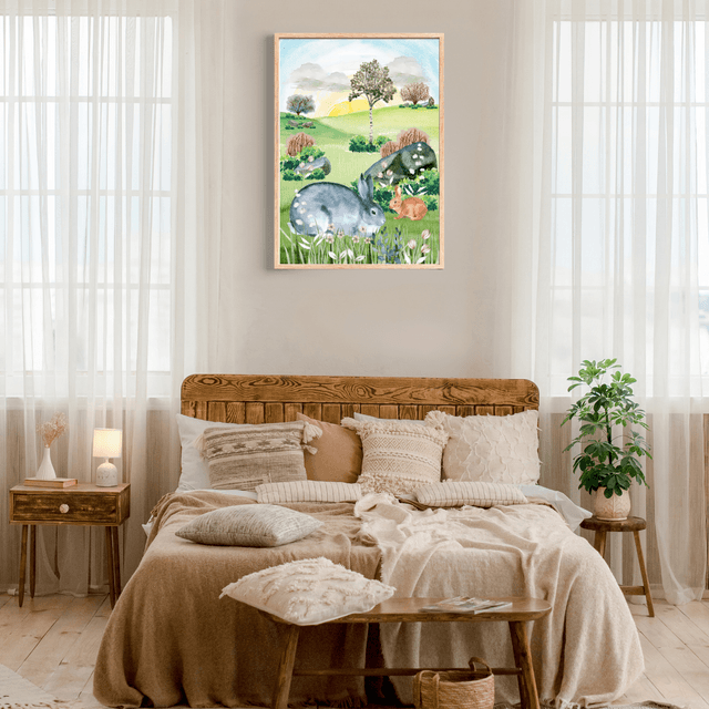Impression Lapins Jouant dans un Magnifique Champ - Décoration Murale Champêtre / "Bunnies Playing in a Beautiful Field Print - Rustic Wall Decor