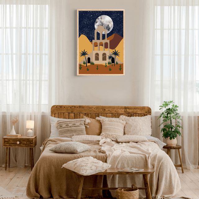 Impression d'Oasis du Désert à la Lumière de la Lune - Décoration Scénique Nocturne /Moonlit Desert Oasis Art Print – Nighttime Scenic Wall Decor 