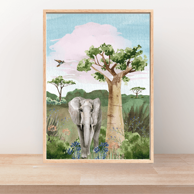 Impression d'Éléphant Sous un Baobab - Décoration Murale Faune Africaine / Elephant Under a Baobab Art Print - African Wildlife Wall Decor