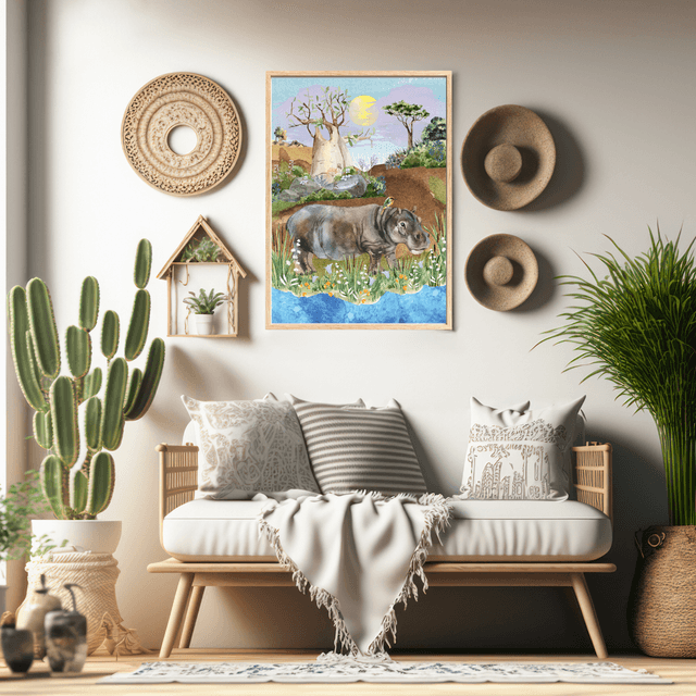 Impression d'Hippopotame dans la Nature Sauvage Africaine - Décoration Exotique / Hippopotamus in African Wilderness Art Print - Exotic Wall Decor