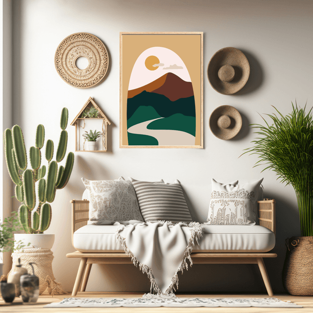 Impression d'Art Paysage Bohème Vue de Fenêtre  / Window View Boho Landscape Art Print – Serene Desert Escape Print