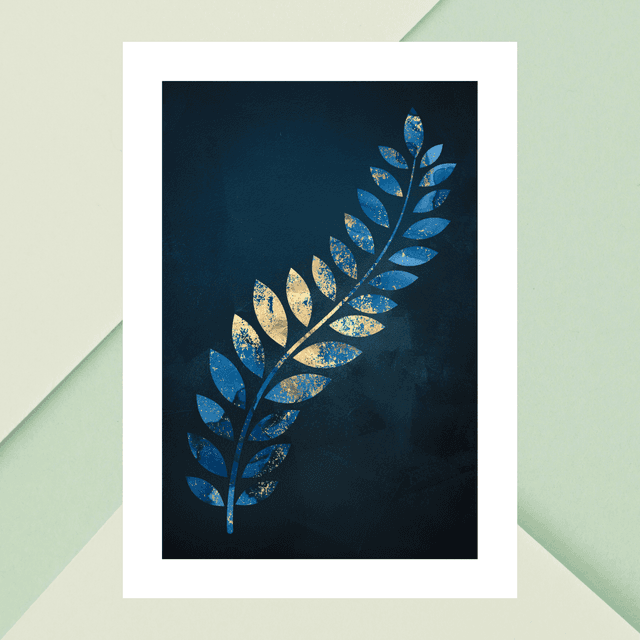 Impression Feuille Tropicale Dorée &amp; Bleue - Décoration Murale Exotique / Golden &amp; Blue Tropical Leaf Art Print - Exotic Wall Decor