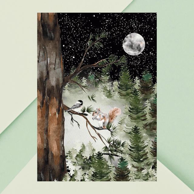 Harmonie : Rencontre d&#039;un Écureuil et d&#039;un Oiseau sous la Lumière de la Lune / Harmony: Squirrel and Bird Meeting under Moonlight Print