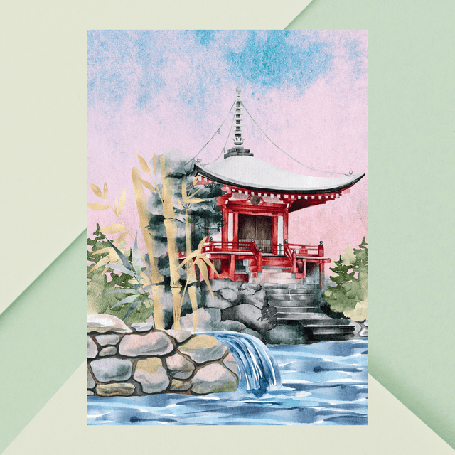 Impression d&#039;Art Pagode Japonaise Tranquille – Cascade et Bambou/ Tranquil Japanese Pagoda Art Print – Serene Waterfall and Bamboo Wall Decor