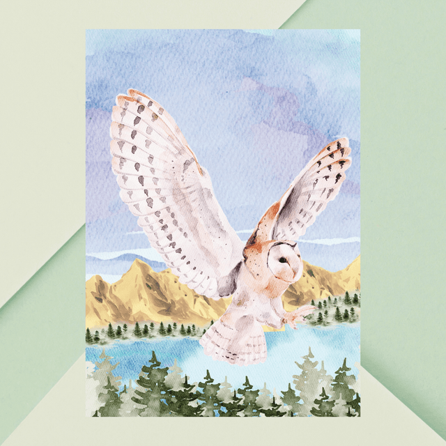 Impression d&#039;Art Chouette Harfang en Vol dans la Forêt / Snowy Owl Flying Through Forest Art Print – Majestic Winter Sky Decor ( Serie 2 )