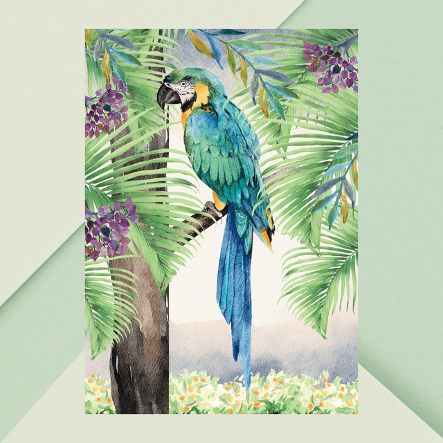 Impression d&#039;Ara Bleu Perché sur un Arbre dans la Forêt Tropicale - Art Exotique / Blue Macaw Perched on  Tree in Tropical Forest Print - Exotic Art