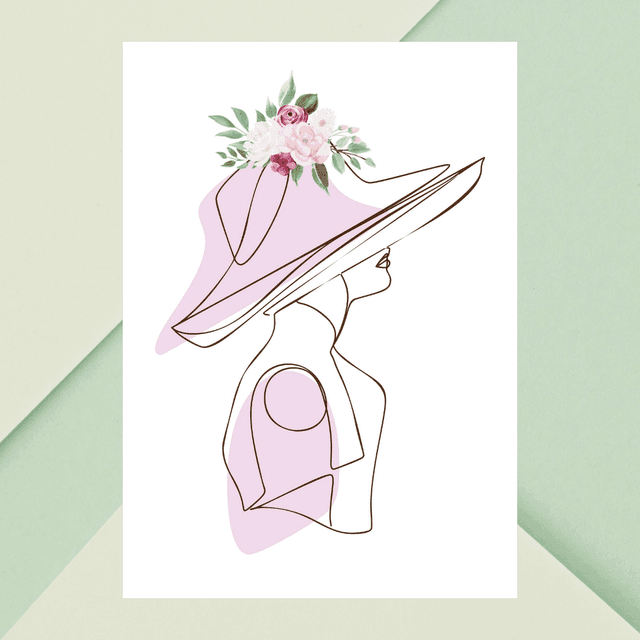  Élégant Art Linéaire Rose Pastel - Dame au Chapeau - Art Mural Moderne / Elegant Pastel Pink Line Art - Lady in Hat - Modern Wall Art 